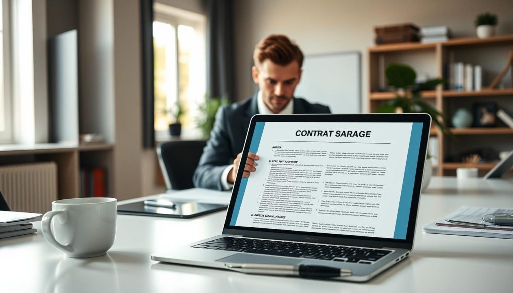 A professional workspace scene depicting a detailed "contrat portage salarial". In the foreground, a clean, organized desk with a laptop open to a contract document displaying the header "UMALIS GROUP" subtly in view. Beside the laptop, a pen and a coffee cup create a personal touch. In the middle ground, a business person in formal attire, a man or woman, intently reviewing the contract, with a focused expression. The background features a modern office environment with soft-lit, neutral-toned walls, shelves filled with books, and a potted plant to add warmth. The atmosphere is productive and engaging, captured from a slightly elevated angle to emphasize both the desk and the person at work, with natural daylight streaming through a nearby window. A professional workspace scene depicting a detailed "contrat portage salarial". In the foreground, a clean, organized desk with a laptop open to a contract document displaying the header "UMALIS GROUP" subtly in view. Beside the laptop, a pen and a coffee cup create a personal touch. In the middle ground, a business person in formal attire, a man or woman, intently reviewing the contract, with a focused expression. The background features a modern office environment with soft-lit, neutral-toned walls, shelves filled with books, and a potted plant to add warmth. The atmosphere is productive and engaging, captured from a slightly elevated angle to emphasize both the desk and the person at work, with natural daylight streaming through a nearby window.