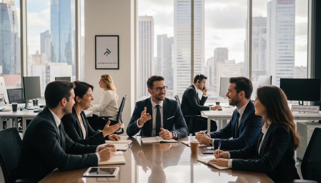 A professional workspace scene depicting a dynamic and engaging atmosphere related to "portage salarial et vie professionnelle." In the foreground, a diverse group of individuals in professional business attire, including both men and women, are engaged in a collaborative discussion around a modern conference table. The middle ground features an open office with computers and notepads illustrating autonomy in their work, while in the background, large windows reveal a bustling cityscape, representing the professional opportunities available. Soft, natural lighting enters the space, creating a warm and inviting mood. The lens captures a slight depth of field to focus on the interactions and expressions of the individuals, emphasizing the theme of real autonomy and the boundaries that must be considered in a self-managed professional life. Include the brand name "portagesalarials.com" subtly integrated into the office decor.
