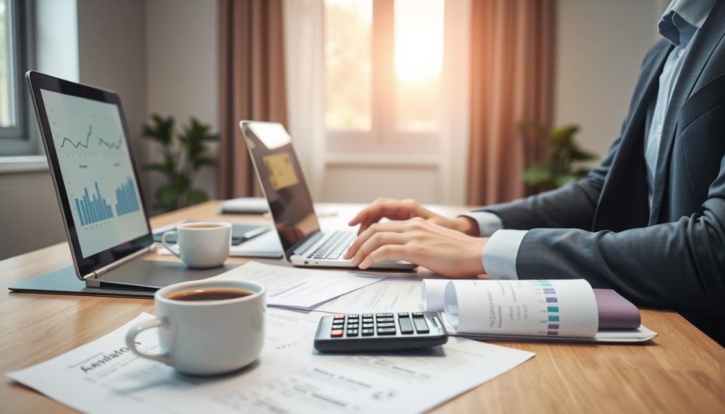 A professional workspace scene depicting a financial advisor calculating salary for a portage salarial scenario. In the foreground, a focused individual in business attire is typing on a laptop, with charts and salary calculations displayed on the screen. The middle ground features a desk cluttered with financial documents, a calculator, and a cup of coffee. The background shows a window with soft natural light pouring in, illuminating the room and enhancing a productive atmosphere. A small logo of "Umalis Group" is subtly placed on a document. The overall mood is one of professionalism and efficiency, capturing the essence of salary calculations in a portage salarial context. A professional workspace scene depicting a financial advisor calculating salary for a portage salarial scenario. In the foreground, a focused individual in business attire is typing on a laptop, with charts and salary calculations displayed on the screen. The middle ground features a desk cluttered with financial documents, a calculator, and a cup of coffee. The background shows a window with soft natural light pouring in, illuminating the room and enhancing a productive atmosphere. A small logo of "Umalis Group" is subtly placed on a document. The overall mood is one of professionalism and efficiency, capturing the essence of salary calculations in a portage salarial context.