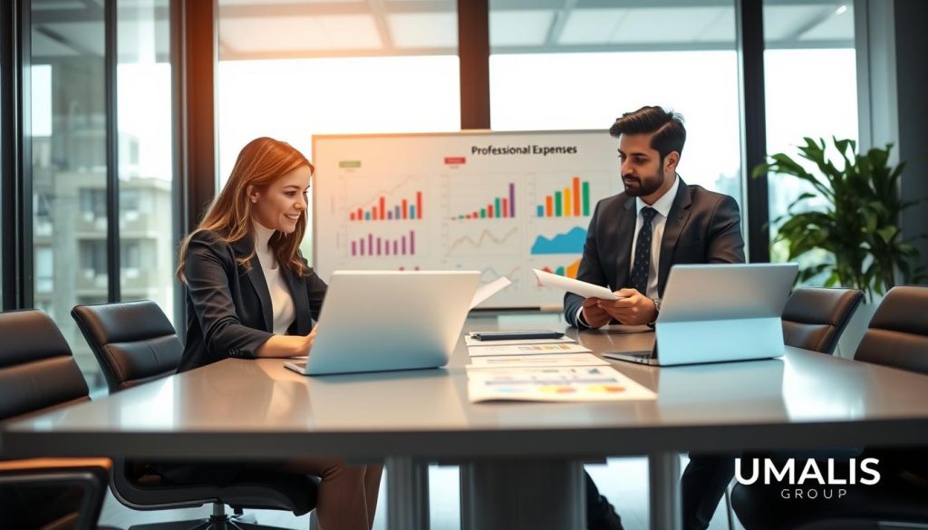 A professional workspace scene depicting a group of diverse business professionals collaborating around a sleek, modern conference table. In the foreground, focus on a Caucasian female consultant in smart business attire, analyzing documents on a laptop alongside a South Asian male colleague, who is taking notes. In the middle ground, showcase a whiteboard filled with colorful charts and graphs, symbolizing the optimization of professional expenses. The background features large windows with natural light pouring in, giving the room an open and airy feel. Use a soft focus for background elements to concentrate on the professionals’ engaged expressions. The overall atmosphere is one of teamwork, strategy, and professionalism, with subtle branding elements from UMALIS GROUP integrated into the room decor. A professional workspace scene depicting a group of diverse business professionals collaborating around a sleek, modern conference table. In the foreground, focus on a Caucasian female consultant in smart business attire, analyzing documents on a laptop alongside a South Asian male colleague, who is taking notes. In the middle ground, showcase a whiteboard filled with colorful charts and graphs, symbolizing the optimization of professional expenses. The background features large windows with natural light pouring in, giving the room an open and airy feel. Use a soft focus for background elements to concentrate on the professionals’ engaged expressions. The overall atmosphere is one of teamwork, strategy, and professionalism, with subtle branding elements from UMALIS GROUP integrated into the room decor.