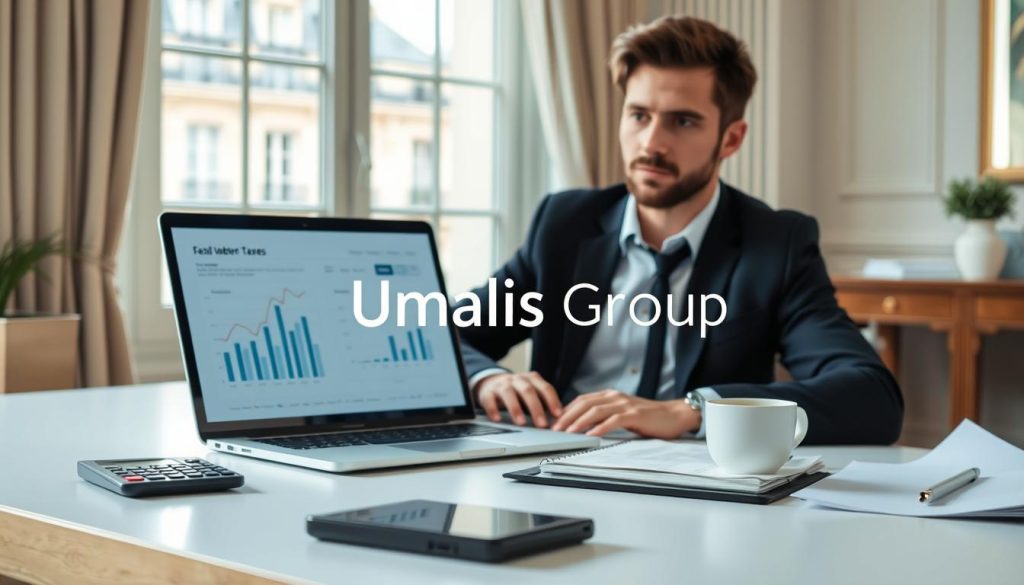 A professional workspace scene depicting an independent contractor managing taxes and social security contributions in France. In the foreground, a focused individual in smart business attire, male or female, is sitting at a modern desk with a laptop open, displaying financial graphs and tax documents. The middle ground features a well-organized desk with a calculator, notepad, and a cup of coffee, conveying productivity. The background showcases an elegant, sunlit office with a window revealing a view of Parisian architecture, hinting at the location. Soft, natural lighting illuminates the scene, creating a calm and professional atmosphere. The overall mood is one of diligence and organization, emphasizing the importance of managing taxes and social security. Include the logo of Umalis Group subtly in the scene, harmoniously integrated into the workspace design.