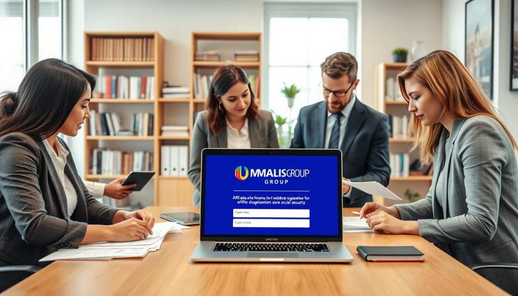 A professional workspace scene depicting the affiliation process for independent social security. In the foreground, a diverse group of four individuals, dressed in business attire, engaged in discussion around a conference table, examining documents and digital devices. The middle layer shows a laptop screen displaying the UMALIS GROUP logo and an online form for affiliate registration. In the background, a cozy office environment with bookshelves filled with resources on freelance regulations and social security, soft natural light filtering through large windows, creating a warm and inviting atmosphere. The mood is collaborative and informative, encouraging action and understanding of administrative procedures with a sense of professionalism. A professional workspace scene depicting the affiliation process for independent social security. In the foreground, a diverse group of four individuals, dressed in business attire, engaged in discussion around a conference table, examining documents and digital devices. The middle layer shows a laptop screen displaying the UMALIS GROUP logo and an online form for affiliate registration. In the background, a cozy office environment with bookshelves filled with resources on freelance regulations and social security, soft natural light filtering through large windows, creating a warm and inviting atmosphere. The mood is collaborative and informative, encouraging action and understanding of administrative procedures with a sense of professionalism.