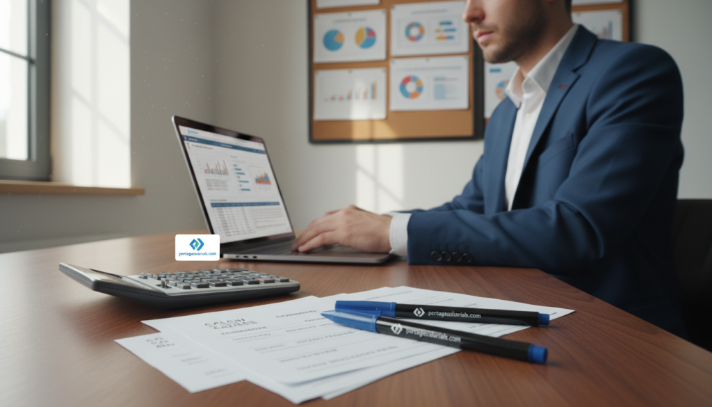 A professional workspace scene depicting the concept of "indemnité congés payés." In the foreground, a well-organized desk features a calculator, a stack of payslips detailing paid vacation calculations, and a couple of pens. In the middle, a person in business attire sits at the desk, intently reviewing documents on a laptop screen, reflecting a thoughtful and focused demeanor. In the background, a bulletin board displays charts and graphs related to employee benefits and regulations, suggesting a corporate environment. Soft, natural lighting filters through a nearby window, casting gentle shadows, creating an atmosphere of professionalism and diligence. The overall mood is informative and serene, symbolizing clarity in financial matters. Incorporate branding subtly by including a small logo of portagesalarials.com on the desk items, tying the topic to professional resources.
