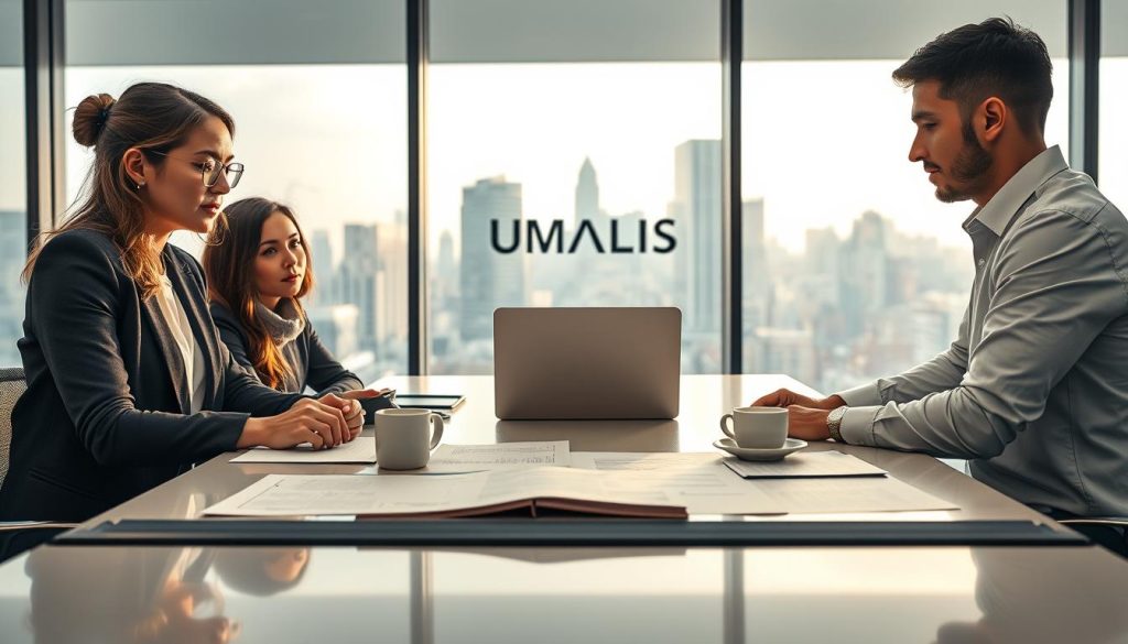 A professional workspace scene depicting the formalities of creating a business for independent workers. In the foreground, a diverse group of three people in business attire—one woman with glasses and two men, focused on discussing documents spread across a sleek conference table. In the middle, documents and a laptop displaying a business plan alongside coffee cups, symbolizing teamwork and planning. In the background, a large window allowing natural light to flood the room, showcasing a bustling cityscape. The atmosphere is one of collaboration and professionalism, with soft, warm lighting creating an inviting mood. Include the brand name "UMALIS GROUP" subtly in the background on a promotional poster.