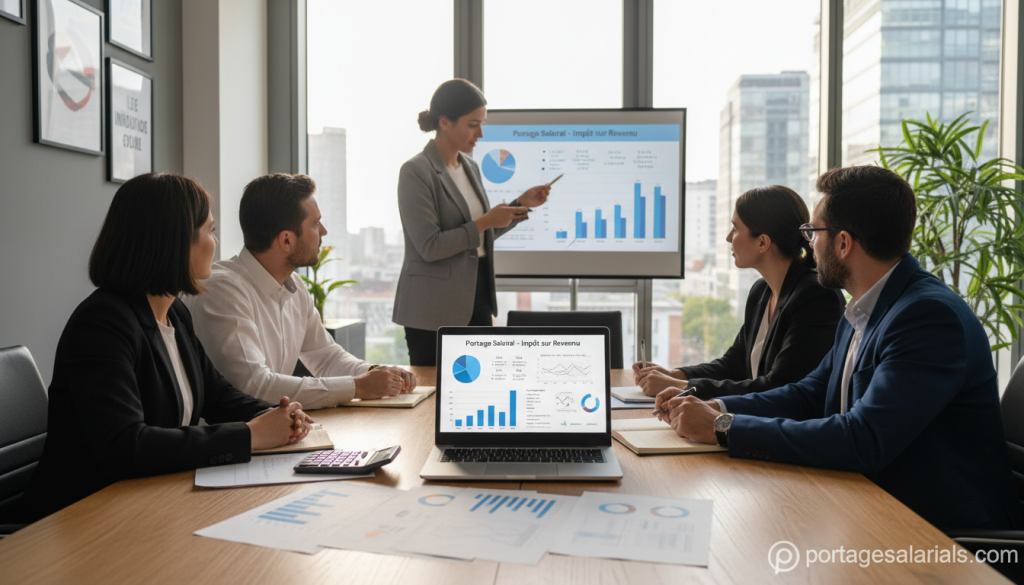 A professional workspace scene featuring a diverse group of businesspeople in professional attire engaged in a discussion about income tax calculation related to portage salarial in France. In the foreground, there is a large wooden conference table with financial documents, a calculator, and a laptop displaying graphs and tax formulas. In the middle, a focused woman points at a chart while a man takes notes, both illustrating collaboration and strategic planning. The background shows a modern office with large windows letting in natural light, creating a bright, optimistic atmosphere. Subtle decorative elements, like indoor plants and motivational posters, enhance the professional vibe. Include the logo "portagesalarials.com" subtly integrated into the scene as a digital watermark.
