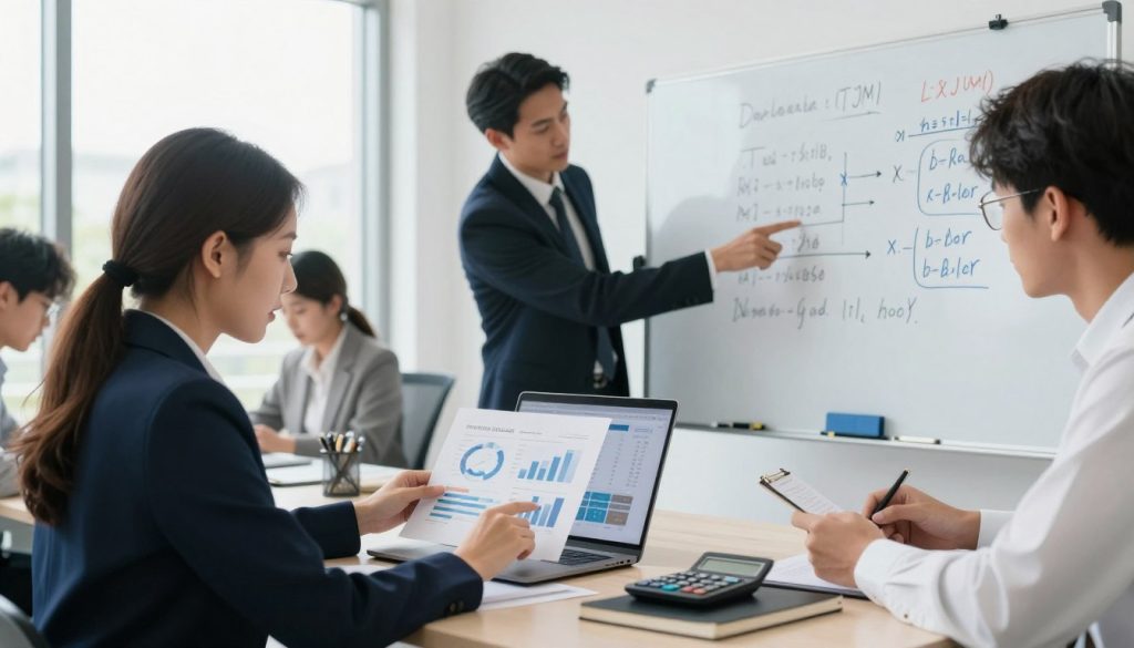 A professional workspace scene featuring a diverse group of individuals analyzing financial documents related to salary calculation in a portage salarial context. In the foreground, a focused woman in business attire is examining charts and graphs on a laptop, while a man in formal attire points to a whiteboard filled with figures and formulas about daily rates (TJM) and revenue. The middle ground includes an assortment of financial tools like calculators and notepads, and the background shows a bright, modern office environment with large windows, allowing natural light to flood in, creating a productive atmosphere. The overall mood is one of collaboration and professionalism, emphasizing the meticulous approach to calculating freelance salaries.
