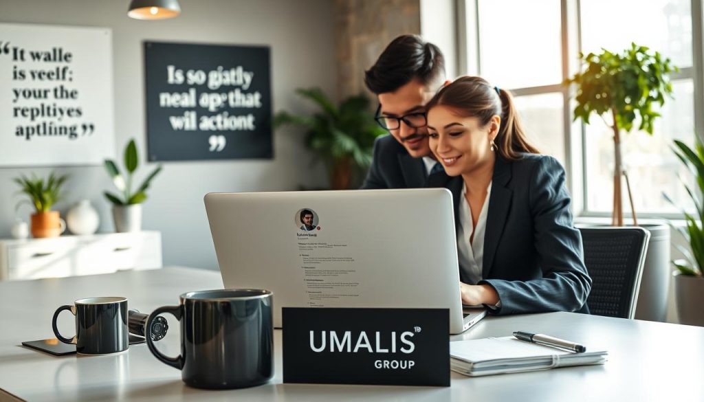 A professional workspace scene featuring a diverse group of individuals, two people, one male and one female, collaborating at a sleek desk, each dressed in business attire. The male has short dark hair and glasses, while the female has long brown hair tied back. They are focused on a laptop which displays a well-optimized online profile. In the background, a modern office setting with inspirational quotes on the walls and greenery enhances the atmosphere. Soft natural lighting filters through large windows, creating a warm and inviting mood. The foreground exhibits coffee mugs and notepads, emphasizing productivity. The brand name "UMALIS GROUP" is subtly included on a desk accessory, reinforcing the professional context of the scene. A professional workspace scene featuring a diverse group of individuals, two people, one male and one female, collaborating at a sleek desk, each dressed in business attire. The male has short dark hair and glasses, while the female has long brown hair tied back. They are focused on a laptop which displays a well-optimized online profile. In the background, a modern office setting with inspirational quotes on the walls and greenery enhances the atmosphere. Soft natural lighting filters through large windows, creating a warm and inviting mood. The foreground exhibits coffee mugs and notepads, emphasizing productivity. The brand name "UMALIS GROUP" is subtly included on a desk accessory, reinforcing the professional context of the scene.