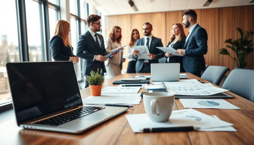 A professional workspace scene focused on the concept of "travail." In the foreground, a well-organized desk featuring a laptop with spreadsheets and documents, a cup of coffee, and a small potted plant. In the middle ground, a diverse group of individuals dressed in professional business attire, engaged in discussion and collaboration, reflecting teamwork among independent workers. One person points at a chart while another takes notes. The background features a bright, modern office with large windows allowing natural light to flood the room, casting soft shadows. The atmosphere is productive and focused, evoking a sense of diligence and professionalism, captured with a slight depth of field effect to emphasize the foreground. The lighting is warm and inviting, creating a motivational environment. A professional workspace scene focused on the concept of "travail." In the foreground, a well-organized desk featuring a laptop with spreadsheets and documents, a cup of coffee, and a small potted plant. In the middle ground, a diverse group of individuals dressed in professional business attire, engaged in discussion and collaboration, reflecting teamwork among independent workers. One person points at a chart while another takes notes. The background features a bright, modern office with large windows allowing natural light to flood the room, casting soft shadows. The atmosphere is productive and focused, evoking a sense of diligence and professionalism, captured with a slight depth of field effect to emphasize the foreground. The lighting is warm and inviting, creating a motivational environment.