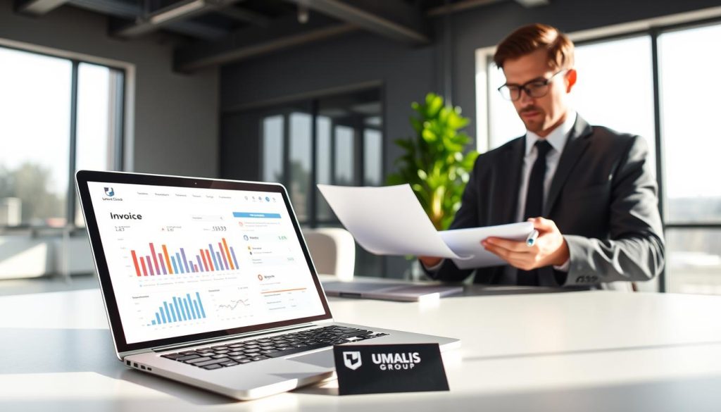 A professional workspace scene illustrating "Adapter facturation offres freelance." In the foreground, a sleek laptop open on a minimalist desk, showcasing financial charts and invoicing software, symbolizing effective billing strategies. In the middle, a person in smart business attire, reviewing documents with a focused expression, exuding confidence and determination. They hold a pen, ready to take notes. The background features a modern, well-lit office space with large windows allowing natural light to pour in, creating a bright and inviting atmosphere. Soft shadows enhance depth, while a potted plant adds a touch of freshness. Include the brand name "UMALIS GROUP" subtly on a business card on the desk. The overall mood is professional and inspiring, capturing the essence of adapting freelance billing practices for success. A professional workspace scene illustrating "Adapter facturation offres freelance." In the foreground, a sleek laptop open on a minimalist desk, showcasing financial charts and invoicing software, symbolizing effective billing strategies. In the middle, a person in smart business attire, reviewing documents with a focused expression, exuding confidence and determination. They hold a pen, ready to take notes. The background features a modern, well-lit office space with large windows allowing natural light to pour in, creating a bright and inviting atmosphere. Soft shadows enhance depth, while a potted plant adds a touch of freshness. Include the brand name "UMALIS GROUP" subtly on a business card on the desk. The overall mood is professional and inspiring, capturing the essence of adapting freelance billing practices for success.