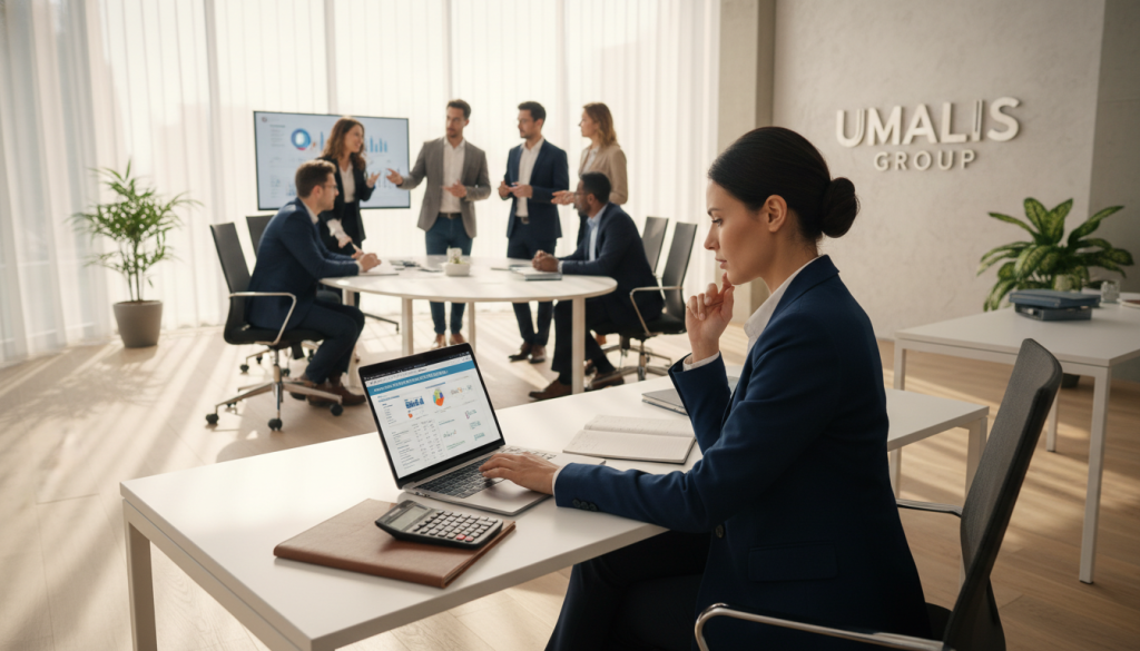 A professional workspace scene illustrating "frais gestion portage salarial" with a modern office layout in the foreground. A well-dressed businesswoman, sitting at a sleek desk, examines financial documents on her laptop, displaying a focus on administrative management. Beside her, a notepad and calculator suggest organization and meticulousness. In the middle ground, a diverse group of professionals, also in professional attire, engages in a collaborative discussion around a large conference table, emphasizing teamwork and strategic planning. The background features large windows with natural light flooding in, casting soft shadows that create an inviting atmosphere. The overall mood is efficient and focused, with a subtle hint of creativity. Include the brand name "Umalis Group" as part of the décor subtly visible on a wall.