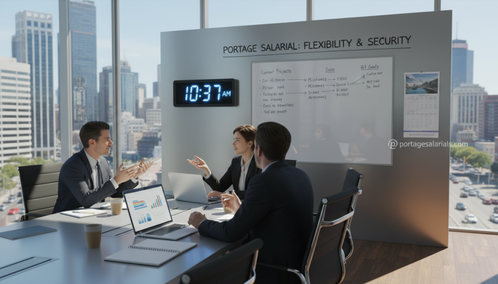 A professional workspace scene illustrating "portage salarial." In the foreground, a diverse group of three individuals, dressed in smart business attire, are engaged in a focused discussion around a sleek conference table filled with laptops and notepads. In the middle ground, a large digital clock displays the time, symbolizing effective time management, while a whiteboard shows organized tasks and goals. The background features large windows with a view of a bustling city, bringing in natural light that creates a bright and motivating atmosphere. Soft shadows add depth, and the overall mood conveys productivity and collaboration. The branding "portagesalarials.com" is subtly incorporated into a wall calendar on the side.