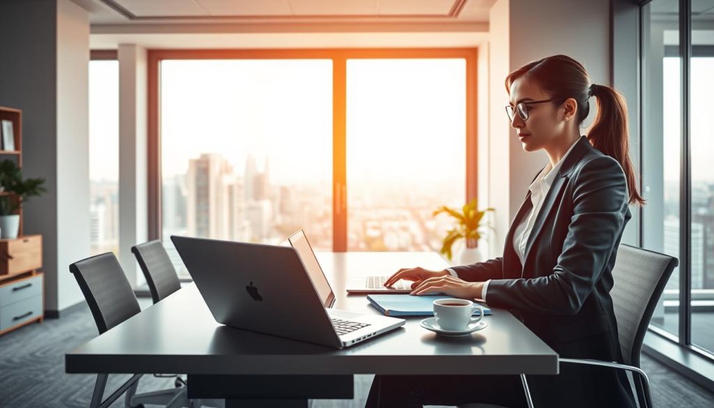 A professional workspace scene illustrating the advantages of "portage salarial" and virtual offices. In the foreground, a businesswoman in professional attire is engaged in a virtual meeting, appearing confident and focused. The middle space features a sleek, modern desk with a laptop, digital planner, and a cup of coffee, suggesting productivity and efficiency. In the background, a large window reveals a cityscape, filling the room with natural light, creating a bright and optimistic atmosphere. A blend of warm and cool lighting enhances the professional yet inviting mood of the space. The image conveys a sense of flexibility and empowerment in work arrangements, without any text or distractions. A professional workspace scene illustrating the advantages of "portage salarial" and virtual offices. In the foreground, a businesswoman in professional attire is engaged in a virtual meeting, appearing confident and focused. The middle space features a sleek, modern desk with a laptop, digital planner, and a cup of coffee, suggesting productivity and efficiency. In the background, a large window reveals a cityscape, filling the room with natural light, creating a bright and optimistic atmosphere. A blend of warm and cool lighting enhances the professional yet inviting mood of the space. The image conveys a sense of flexibility and empowerment in work arrangements, without any text or distractions.