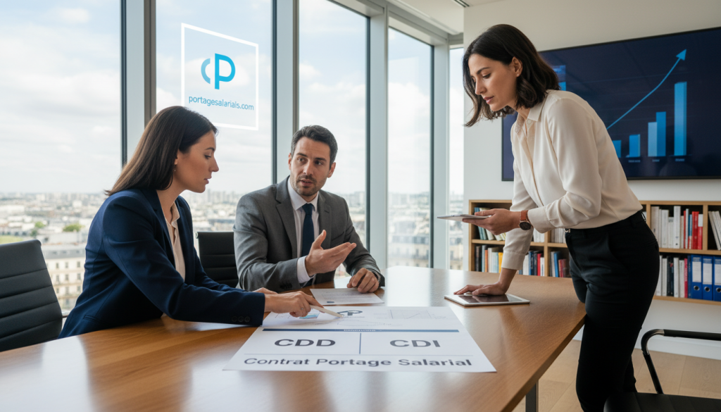 A professional workspace scene illustrating the concept of "contrat portage salarial" in France. In the foreground, a diverse group of business professionals—two individuals in formal business attire, including a woman in a tailored blazer and a man in a crisp suit—discussing a document labeled "CDD" and "CDI" on a sleek conference table. In the middle ground, a stylish modern office with large windows letting in soft natural light, showing a vibrant cityscape outside. The background displays shelves with business books and graphs depicting financial growth. The atmosphere is focused and collaborative, embodying themes of professionalism and clarity in contract work. Emphasize the theme of "portagesalarials.com" subtly in the decor, perhaps with a framed logo on the wall.