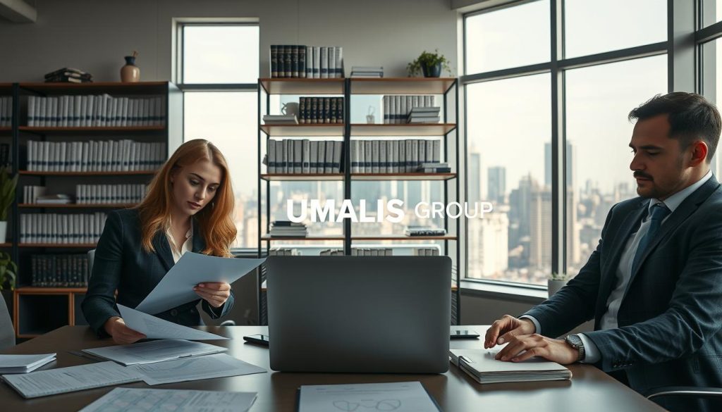 A professional workspace scene showcasing the concept of "regulations for freelance professions." In the foreground, a diverse group of three professionals in business attire – a woman reviewing documents and two men discussing regulations over a table filled with official papers and a laptop displaying a relevant diagram. The middle of the image features shelves lined with books about legal obligations and compliance in freelance work. In the background, large windows let in natural light, highlighting a cityscape that symbolizes independence and entrepreneurship. The overall atmosphere is serious yet inspiring, reflecting the balance between professionalism and freedom in freelancing. Include a subtle logo of "UMALIS GROUP" integrated into the workspace design.