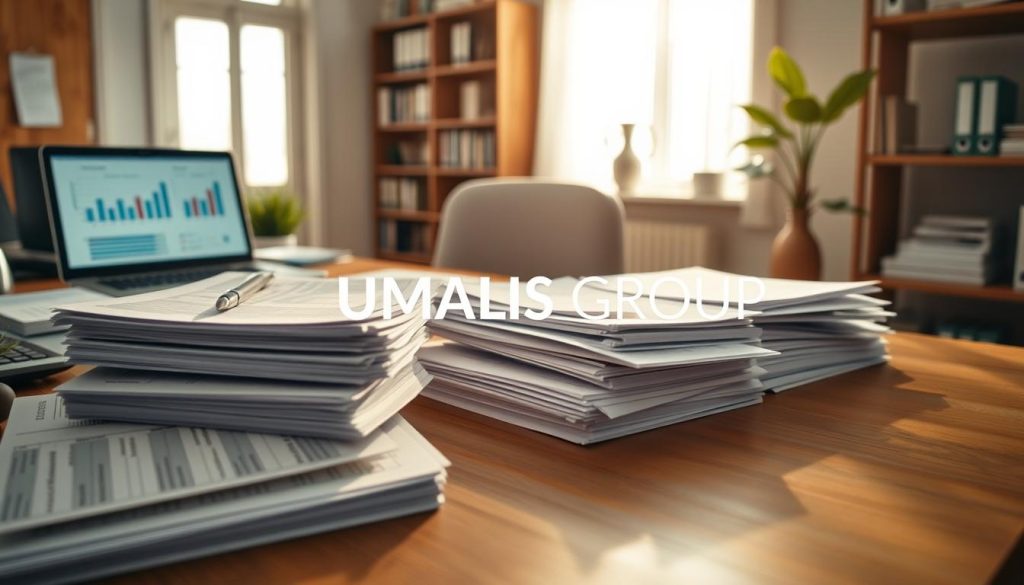 A professional workspace set up for document preparation, focusing on a wooden desk cluttered with organized files, spreadsheets, and a laptop displaying business graphs. In the foreground, neatly stacked documents labeled with categories like "Expenses," "Invoices," and "Receipts," showcasing a well-prepared environment. The middle ground features a comfortable chair pushed in, emphasizing a sense of readiness for work. In the background, a softly-lit bookshelf filled with business books and a green plant for a touch of nature, setting a calm and focused atmosphere. The image is illuminated with warm, natural light streaming through a nearby window, creating shadows that enhance the organized chaos. The logo "UMALIS GROUP" is subtly integrated into the scene, maintaining a professional tone. A professional workspace set up for document preparation, focusing on a wooden desk cluttered with organized files, spreadsheets, and a laptop displaying business graphs. In the foreground, neatly stacked documents labeled with categories like "Expenses," "Invoices," and "Receipts," showcasing a well-prepared environment. The middle ground features a comfortable chair pushed in, emphasizing a sense of readiness for work. In the background, a softly-lit bookshelf filled with business books and a green plant for a touch of nature, setting a calm and focused atmosphere. The image is illuminated with warm, natural light streaming through a nearby window, creating shadows that enhance the organized chaos. The logo "UMALIS GROUP" is subtly integrated into the scene, maintaining a professional tone.
