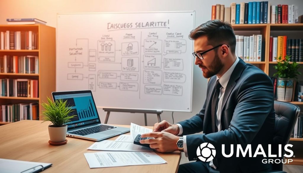 A professional workspace setting depicting a financial advisor at a desk calculating daily sickness benefits for workers under "portage salarial". In the foreground, a focused advisor, dressed in smart business attire, analyzes documents and uses a calculator, with a laptop displaying graphs in view. In the middle ground, a large whiteboard filled with flowcharts explaining the calculation process, alongside a potted plant for a touch of freshness. The background features shelves filled with books related to social security and finance, creating an academic atmosphere. The lighting is bright and warm, emphasizing a sense of clarity and professionalism. The branding "UMALIS GROUP" subtly integrated in the decor, conveying reliability and expertise.
