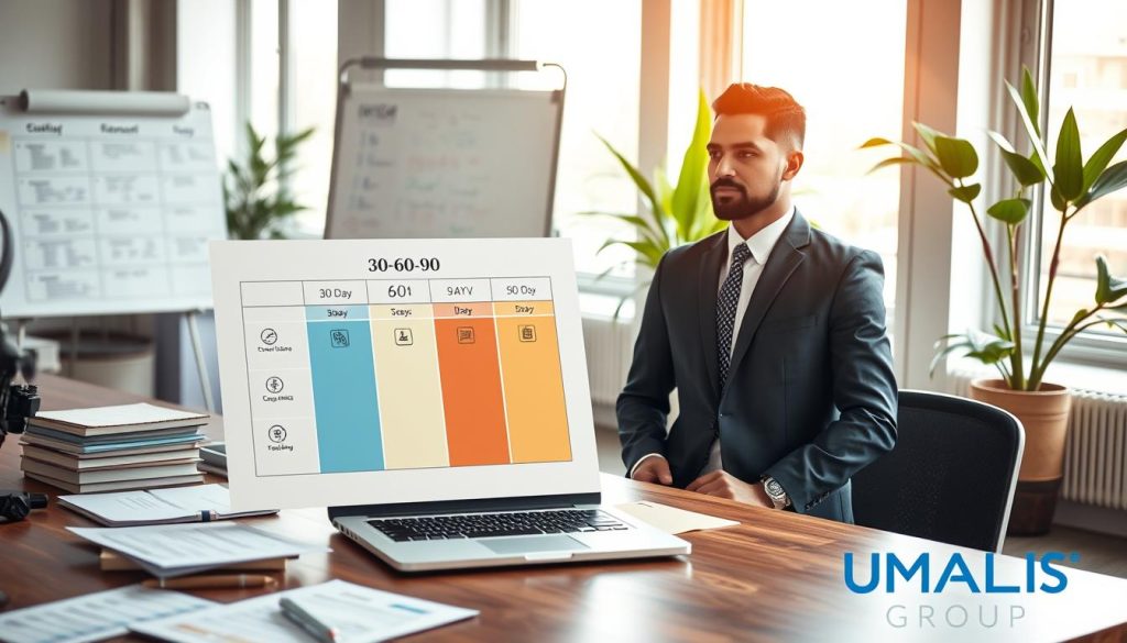 A professional workspace setting designed to visualize a "30-60-90" action plan. In the foreground, a sleek wooden desk is filled with organized papers and a laptop open to a digital planner. On the desk, prominently display an illustrated chart that outlines the plan's three phases: 30 days, 60 days, and 90 days, represented by distinct colors and icons. In the middle ground, a confident business professional in a tailored suit—a diverse individual—to the right, looking thoughtfully at the chart, while on the left, a flip chart showcases brainstorming ideas. In the background, soft light streams through large windows, creating a warm and inspiring atmosphere with potted plants adding a touch of green. The overall mood is focused and productive, perfectly highlighting the leadership development theme associated with UMALIS GROUP.