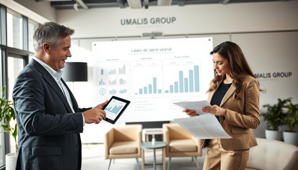 A professional workspace setting featuring diverse individuals discussing financial charts, emphasizing the concept of "Plancher de salaire en portage salarial." In the foreground, a middle-aged man in a sharp business suit points to a digital tablet displaying salary graphs, while a young woman in a smart casual outfit analyzes paperwork. The middle ground includes a large whiteboard with illustrated salary brackets and graphs, clearly illustrating compliance. In the background, a sleek office with modern furniture and large windows allowing natural light to stream in, creating a bright, welcoming atmosphere. The brand name "UMALIS GROUP" is subtly incorporated into the office décor. The overall mood is focused and collaborative, capturing the essence of professional financial discussions.