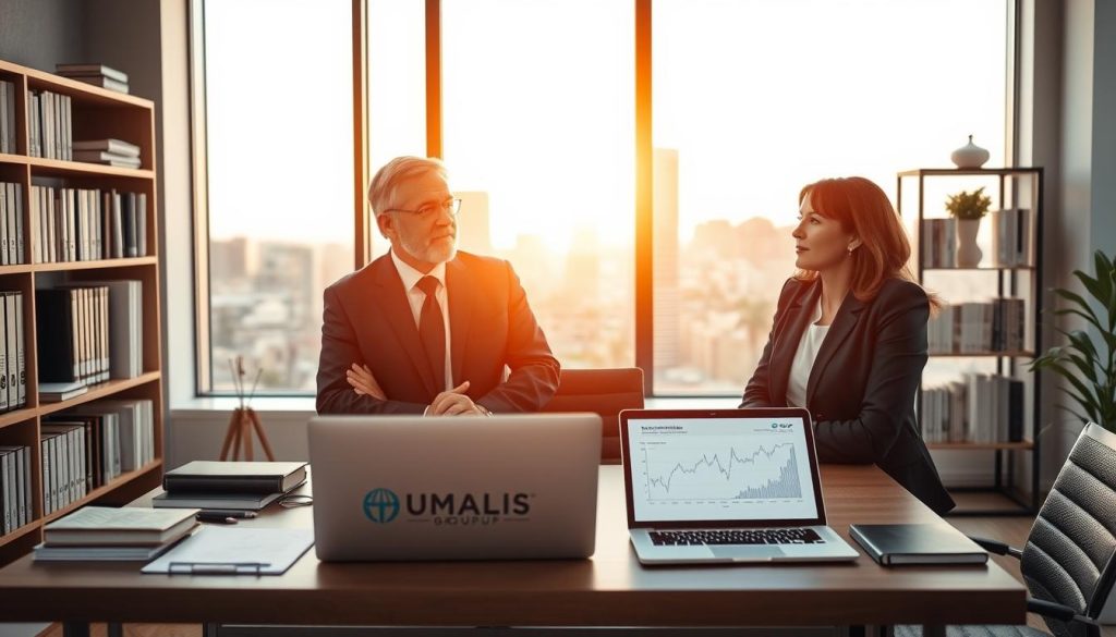 A professional workspace setting focusing on the theme of "portage salarial retraite." In the foreground, a confident, middle-aged professional man and woman engaged in conversation, both dressed in smart business attire, with thoughtful expressions. In the middle ground, a modern office desk with a laptop open, displaying financial graphs and retirement plans. Surrounding them are shelves with books on finance and retirement, creating an atmosphere of knowledge and professionalism. The background features a large window revealing a city skyline, illuminated by warm, natural sunlight, suggesting a bright future. The overall mood is optimistic and motivational, emphasizing stability and success in the realm of independent work, with a subtle logo of "UMALIS GROUP" on the desk.