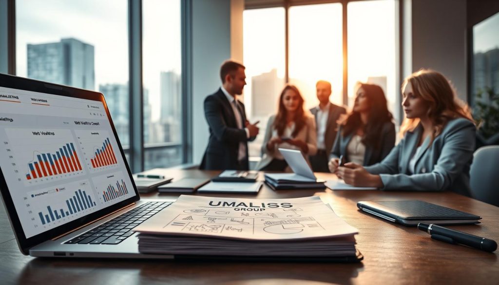 A professional workspace setting highlighting the concept of optimized content marketing strategy. In the foreground, a laptop displays analytics and graphs related to web visibility, alongside a notebook with sketches of marketing strategies. The middle ground features a diverse group of professionals (men and women) in business attire discussing ideas, showcasing collaboration and brainstorming. The background includes a large window with a cityscape, symbolizing the online market space, and soft, natural light flooding the room, creating an inviting atmosphere. The overall mood is dynamic and focused, emphasizing innovation and strategic thinking. Incorporate the brand name “UMALIS GROUP” subtly into a marketing plan document on the table.