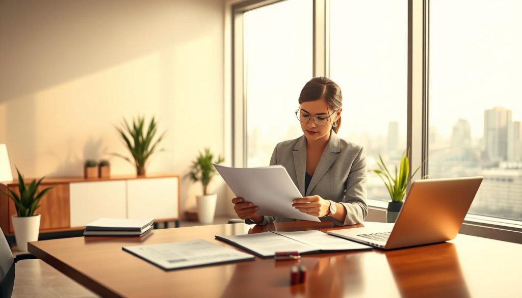 A professional workspace setting illustrating "Convention et contrat de travail portage salarial." In the foreground, a well-dressed businesswoman, representing the Umalis Group, reviews documents at a polished wooden desk, surrounded by a few folders and a laptop. In the middle, a large window lets in soft natural light, illuminating a modern office with minimalist decor and plants. In the background, a city skyline is visible, hinting at a bustling urban environment. The mood is focused and professional, conveying a sense of commitment and clarity in legal agreements. Use a slightly angled view to draw attention to the documents while maintaining a balanced composition. The lighting should be warm and inviting, emphasizing productivity and professionalism.