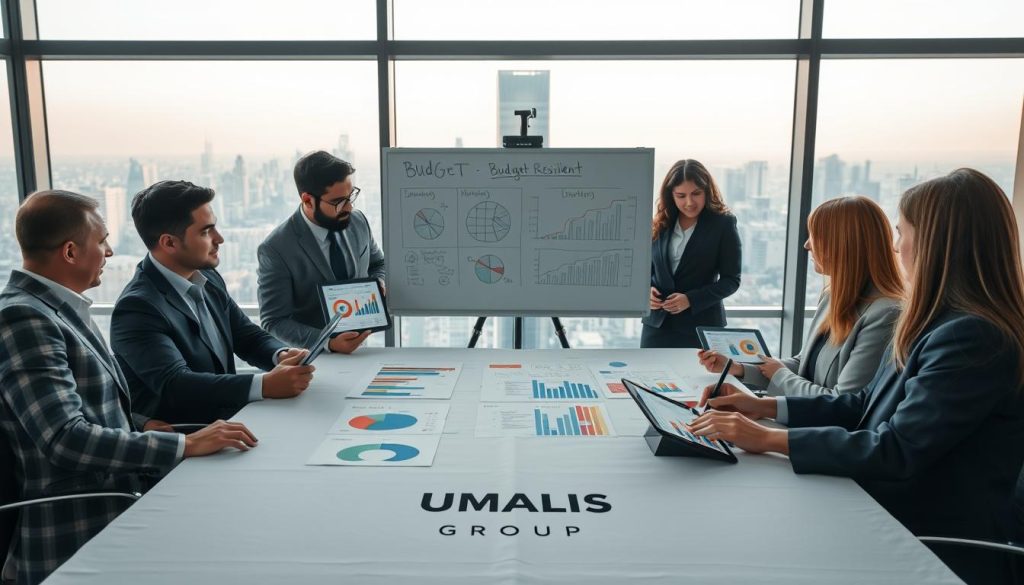 A professional workspace setting illustrating various scenarios of budget resilience after an early mission completion. In the foreground, a diverse group of professionals, including two men and two women dressed in smart business attire, gather around a large conference table. They are analyzing colorful charts and graphs on digital tablets, reflecting different budget scenarios. In the middle ground, a whiteboard filled with diagrams and written notes creates an engaging focal point. The background features a panoramic window showing a city skyline, with soft morning light illuminating the room, enhancing a mood of determination and optimism. The image embodies the theme of strategic planning and adaptability, branded subtly with the logo "UMALIS GROUP" on a tablecloth or wall decoration, ensuring a clean and professional atmosphere.