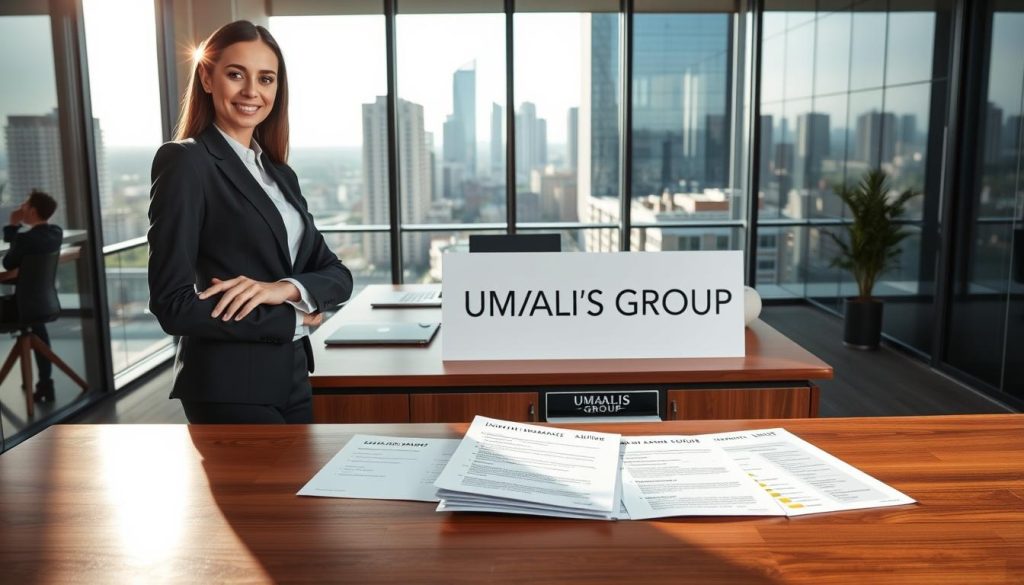 A professional workspace setting inspired by the theme of "Garanties assurance responsabilité civile professionnelle." In the foreground, display a confident business professional, wearing smart business attire. They are reviewing documents that show various insurance guarantee options laid out on an elegant wooden desk. The middle ground features a modern office space with glass walls and natural light pouring in, reflecting a structured and organized environment. In the background, a large window showcases a cityscape, symbolizing the dynamic world of independent professionals. Incorporate the brand name "UMALIS GROUP" subtly into a document or an office nameplate. The atmosphere should feel optimistic and empowering, highlighting the importance of professional responsibility and the various guarantees available to freelancers. A professional workspace setting inspired by the theme of "Garanties assurance responsabilité civile professionnelle." In the foreground, display a confident business professional, wearing smart business attire. They are reviewing documents that show various insurance guarantee options laid out on an elegant wooden desk. The middle ground features a modern office space with glass walls and natural light pouring in, reflecting a structured and organized environment. In the background, a large window showcases a cityscape, symbolizing the dynamic world of independent professionals. Incorporate the brand name "UMALIS GROUP" subtly into a document or an office nameplate. The atmosphere should feel optimistic and empowering, highlighting the importance of professional responsibility and the various guarantees available to freelancers.