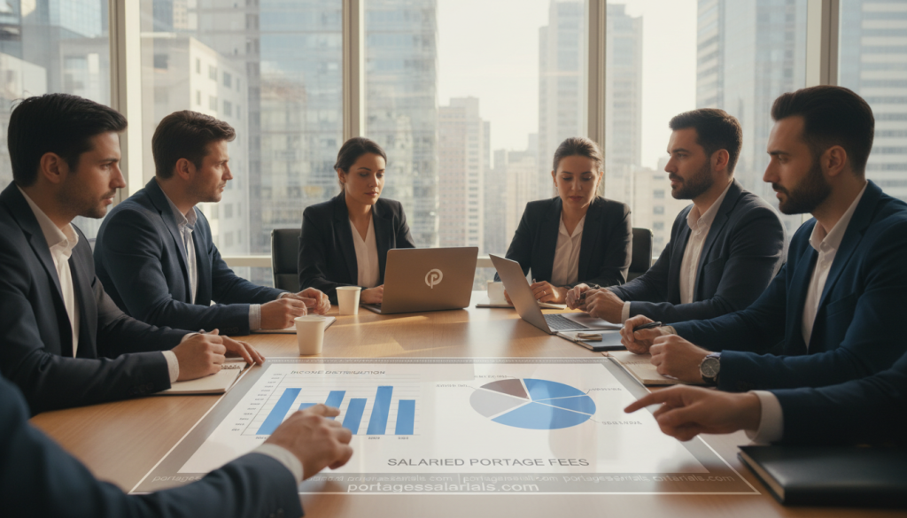 A professional workspace setting showcasing a diverse group of business professionals, dressed in smart casual attire, engaged in a discussion around a conference table. The foreground features a detailed view of hands pointing at a financial chart, illustrating income distribution and fees related to salaried portage. In the middle ground, the professionals are reviewing paperwork and laptops, expressing focused attention and collaboration. The background includes a large window with natural light pouring in, creating a bright and inviting atmosphere. Soft shadows give a sense of depth, while the overall mood is one of productivity and teamwork. Incorporate the logo or visual elements related to portagesalarials.com subtly into the design, ensuring it enhances the image without overwhelming it.