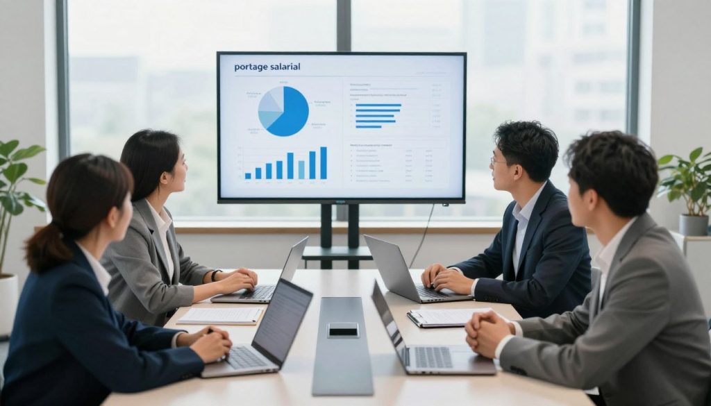 A professional workspace setting, showcasing a modern office environment. In the foreground, a diverse group of professionals dressed in business attire is engaged in discussion around a sleek conference table, with laptops and notepads visible. In the middle ground, a large digital monitor displays graphs and charts related to service fees and management costs in the context of "portage salarial." The background features large windows with natural light streaming in, accentuating a bright and optimistic atmosphere. The angle is slightly overhead to capture both the participants and the screen clearly. The mood is focused and collaborative, emphasizing the financial aspects of consulting with a sense of professionalism and clarity. A professional workspace setting, showcasing a modern office environment. In the foreground, a diverse group of professionals dressed in business attire is engaged in discussion around a sleek conference table, with laptops and notepads visible. In the middle ground, a large digital monitor displays graphs and charts related to service fees and management costs in the context of "portage salarial." The background features large windows with natural light streaming in, accentuating a bright and optimistic atmosphere. The angle is slightly overhead to capture both the participants and the screen clearly. The mood is focused and collaborative, emphasizing the financial aspects of consulting with a sense of professionalism and clarity.