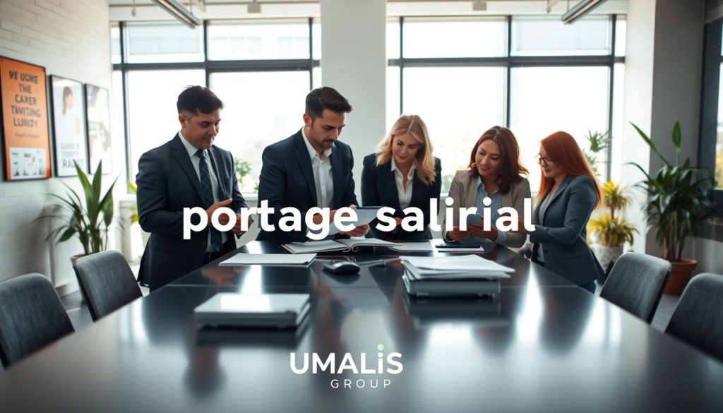 A professional workspace setting showcasing "portage salarial" for career-transition executives. In the foreground, a diverse group of three professionals, dressed in smart business attire, are engaged in a collaborative discussion over documents and digital devices on a sleek conference table. The middle ground features a large window with natural sunlight streaming in, illuminating the space and creating a warm, inviting atmosphere. In the background, modern office décor reflects innovation and professionalism, such as motivational posters and plants. The angle is slightly tilted downwards, focusing on the interaction while capturing the bustling energy of the office. The mood is optimistic and constructive, symbolizing growth and new opportunities. Incorporate the brand name "UMALIS GROUP" subtly in the scene.
