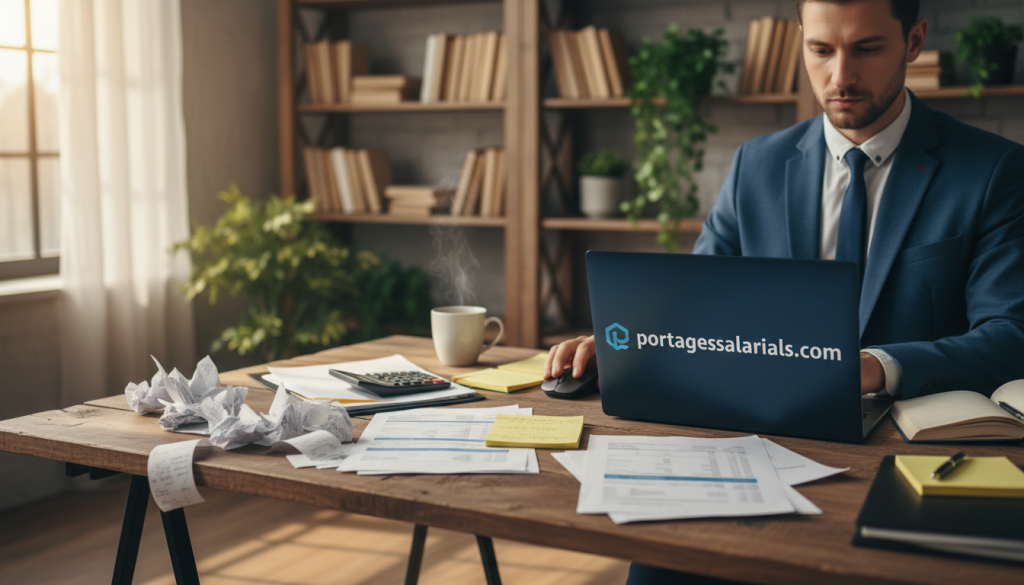 A professional workspace setting, showcasing the concept of "frais professionnels". In the foreground, a wooden desk cluttered with business materials: invoices, receipts, and a calculator, illustrating financial expenses. In the middle ground, a well-dressed person in smart business attire studies a laptop screen with focused intent, surrounded by notes and a cup of coffee – portraying a sense of engagement in financial planning. For the background, a softly blurred office environment with shelves of books and plants creates a productive atmosphere. Natural lighting streams in through a window, casting gentle shadows and enhancing the warm, professional mood. The scene conveys thoughtful consideration of expenses and optimization of financial resources, emphasizing professionalism and diligence. Include a subtle reference to portagesalarials.com in the decor of the office, such as a branded document folder.