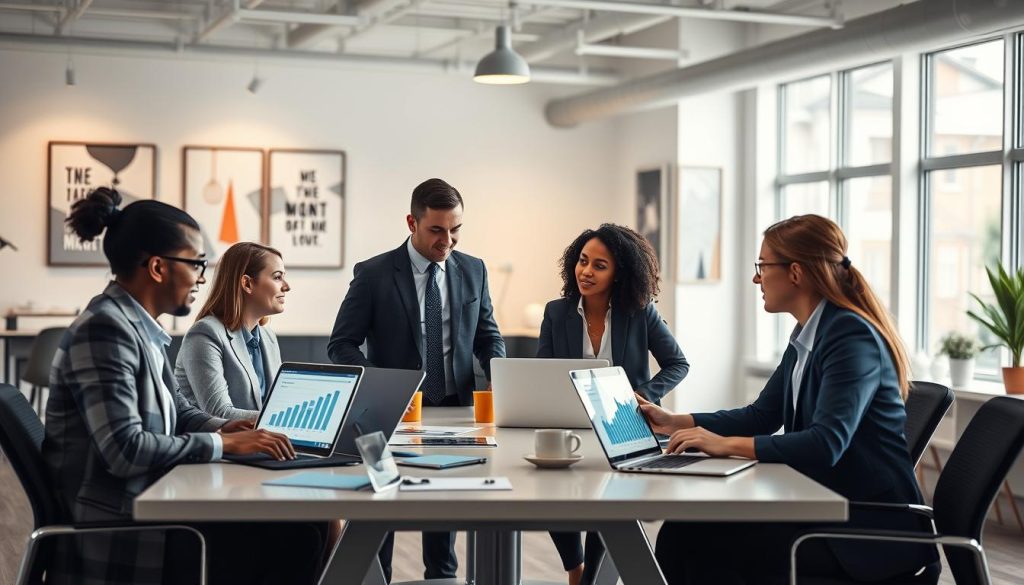 A professional workspace setting showcasing various eligible profiles for "portage salarial" in the digital industry. In the foreground, a diverse group of three professionals in smart business attire, engaged in a collaborative discussion around a modern conference table. The middle ground features sleek laptops and digital devices displaying graphs and charts, symbolizing tech-savvy expertise. The background is a bright, airy office filled with large windows letting in natural light, and motivational artwork on the walls. Soft, warm lighting enhances the inviting atmosphere, while a subtle focus on the subjects creates an intimate yet professional mood. Include UMALIS GROUP branding subtly integrated into the environment. A professional workspace setting showcasing various eligible profiles for "portage salarial" in the digital industry. In the foreground, a diverse group of three professionals in smart business attire, engaged in a collaborative discussion around a modern conference table. The middle ground features sleek laptops and digital devices displaying graphs and charts, symbolizing tech-savvy expertise. The background is a bright, airy office filled with large windows letting in natural light, and motivational artwork on the walls. Soft, warm lighting enhances the inviting atmosphere, while a subtle focus on the subjects creates an intimate yet professional mood. Include UMALIS GROUP branding subtly integrated into the environment.