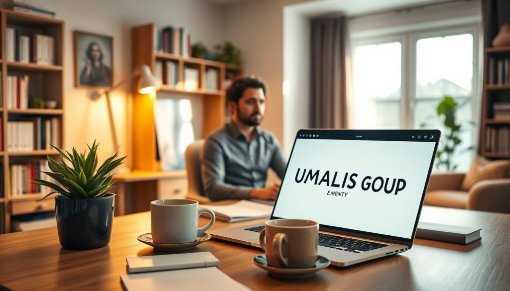A professional workspace setup that embodies the concept of remote work placement. In the foreground, a laptop is open on a sleek desk arranged with a plant, a coffee mug, and a notepad with notes. In the middle, a focused individual in smart casual attire is engaged in a video call, highlighting collaboration. The background shows a cozy home office environment with shelves of books, a soft chair, and a bright window allowing natural light to flood the space, creating an inviting atmosphere. The lighting is warm and inviting, emphasizing productivity and comfort. The image should subtly incorporate elements reflecting "UMALIS GROUP," perhaps through branded stationary or digital graphics on the laptop screen, ensuring a professional and motivational mood.