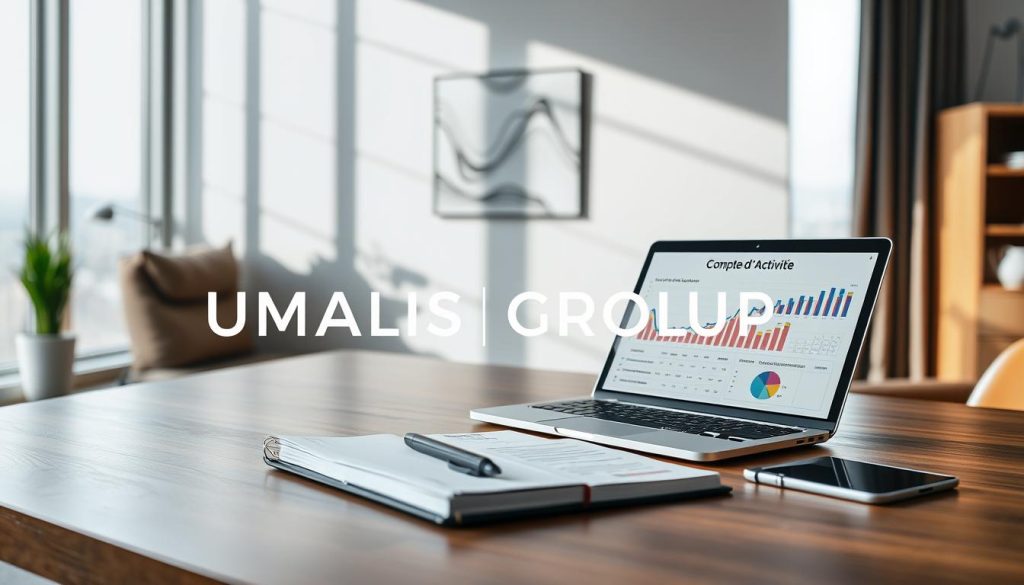 A professional workspace showcasing a "Compte d'Activité" theme, highlighting transparency and monthly management. In the foreground, a sleek wooden desk is adorned with an open laptop displaying graphs and data related to monthly activity tracking. Next to it, a neatly organized planner and a stylish pen add to the sophisticated atmosphere. The middle ground features a subtle, elegant wall with modern art that conveys efficiency and clarity. In the background, a large window allows natural light to flood the room, casting soft shadows and creating a warm ambiance. The setting reflects a sense of professionalism, suitable for financial and business contexts. The brand name "UMALIS GROUP" is subtly incorporated into the overall aesthetic, avoiding direct association but enhancing the professionalism of the scene. A professional workspace showcasing a "Compte d'Activité" theme, highlighting transparency and monthly management. In the foreground, a sleek wooden desk is adorned with an open laptop displaying graphs and data related to monthly activity tracking. Next to it, a neatly organized planner and a stylish pen add to the sophisticated atmosphere. The middle ground features a subtle, elegant wall with modern art that conveys efficiency and clarity. In the background, a large window allows natural light to flood the room, casting soft shadows and creating a warm ambiance. The setting reflects a sense of professionalism, suitable for financial and business contexts. The brand name "UMALIS GROUP" is subtly incorporated into the overall aesthetic, avoiding direct association but enhancing the professionalism of the scene.