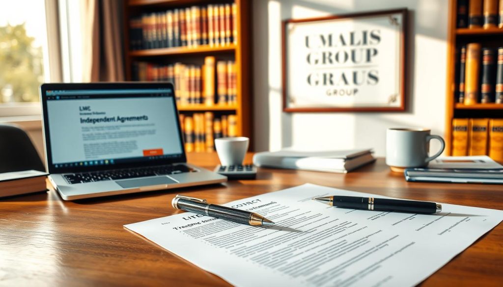 A professional workspace showcasing a contract on a wooden desk, with a focus on detailed clauses for independent contracts. In the foreground, a neatly arranged legal document with clear headings and bullet points, pen placed beside it for emphasis. The middle layer includes a laptop open to a website about freelance agreements, with a calculator and a cup of coffee, suggesting active engagement in contract drafting. The background contains a soft-focus bookshelf filled with law books, enhancing the scholarly atmosphere. Warm, natural lighting streams in through a window, casting gentle shadows, creating a calm and focused mood. The scene includes the brand name "UMALIS GROUP" subtly featured on a framed certificate on the wall, underlining the importance of professionalism. A professional workspace showcasing a contract on a wooden desk, with a focus on detailed clauses for independent contracts. In the foreground, a neatly arranged legal document with clear headings and bullet points, pen placed beside it for emphasis. The middle layer includes a laptop open to a website about freelance agreements, with a calculator and a cup of coffee, suggesting active engagement in contract drafting. The background contains a soft-focus bookshelf filled with law books, enhancing the scholarly atmosphere. Warm, natural lighting streams in through a window, casting gentle shadows, creating a calm and focused mood. The scene includes the brand name "UMALIS GROUP" subtly featured on a framed certificate on the wall, underlining the importance of professionalism.