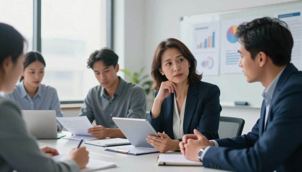 A professional workspace showcasing a diverse group of individuals engaged in a discussion about salary portability. In the foreground, a middle-aged woman in smart business attire holds a tablet, looking thoughtfully at the screen while two colleagues, a young man and a middle-aged man, review documents on a large conference table filled with notebooks and pens. The background features a bright, modern office with large windows casting soft natural light, illuminating charts and graphs on a whiteboard. The overall atmosphere is collaborative and focused, emphasizing teamwork and professional growth, with a cool color palette of blues and grays to convey a sense of professionalism and clarity.