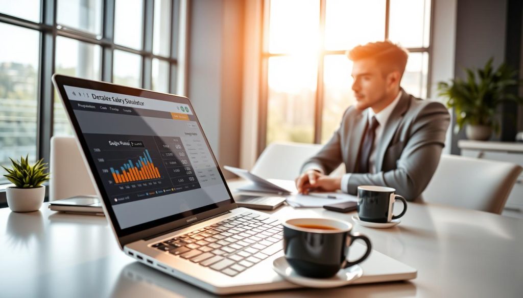A professional workspace showcasing a financial simulator tool for testing daily rates (TJM) related to payroll management. In the foreground, a sleek laptop displays a modern interface of the salary portage simulator by UMALIS GROUP, with graphs and numerical data visible. To the side, a focused professional in business attire analyzes the information, representing engagement and critical thinking. The middle ground features an organized desk with financial documents, a calculator, and a cup of coffee, symbolizing productivity. The background includes a bright and airy office environment with floor-to-ceiling windows allowing natural light to flood in, creating an optimistic and inspiring atmosphere. Emphasize soft, warm lighting to evoke a sense of professionalism and reassurance.
