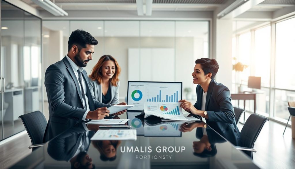 A professional workspace showcasing a financial theme for the concept of "rémunération" in the context of web portage salarial. In the foreground, a diverse group of three people in professional business attire (a man, a woman, and a non-binary individual) are gathered around a sleek, modern conference table, analyzing financial documents and graphs displayed on a digital tablet. The middle layer features visual elements like a pie chart and bar graph illustrating salary breakdowns and expenses, symbolizing financial security. The background includes a bright, airy office with large windows, allowing soft, natural light to illuminate the space. The overall mood is collaborative and confident, reflecting ambition and professionalism. Include subtle branding elements of "UMALIS GROUP" in the decoration of the office space, ensuring it blends seamlessly into the design. A professional workspace showcasing a financial theme for the concept of "rémunération" in the context of web portage salarial. In the foreground, a diverse group of three people in professional business attire (a man, a woman, and a non-binary individual) are gathered around a sleek, modern conference table, analyzing financial documents and graphs displayed on a digital tablet. The middle layer features visual elements like a pie chart and bar graph illustrating salary breakdowns and expenses, symbolizing financial security. The background includes a bright, airy office with large windows, allowing soft, natural light to illuminate the space. The overall mood is collaborative and confident, reflecting ambition and professionalism. Include subtle branding elements of "UMALIS GROUP" in the decoration of the office space, ensuring it blends seamlessly into the design.