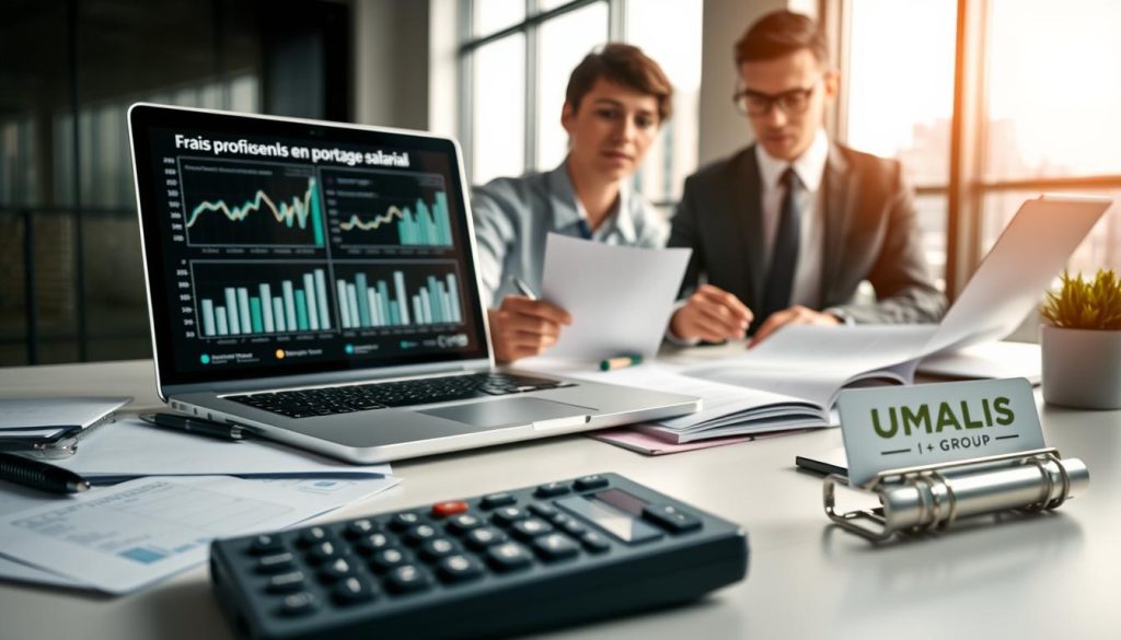 A professional workspace showcasing a laptop displaying financial graphs and charts related to "Frais professionnels en portage salarial." In the foreground, a calculator, office supplies, and a notepad with neatly written notes. The middle ground features a business professional, dressed in smart business attire, analyzing documents with a focused expression. The background shows a light-filled office with large windows, cityscape visible. Soft, natural lighting illuminates the scene, giving it an inviting and productive atmosphere. The overall mood should be one of concentration and clarity, emphasizing the theme of financial management and professionalism. Subtly incorporate the "UMALIS GROUP" brand logo on a desk item in a tasteful manner.