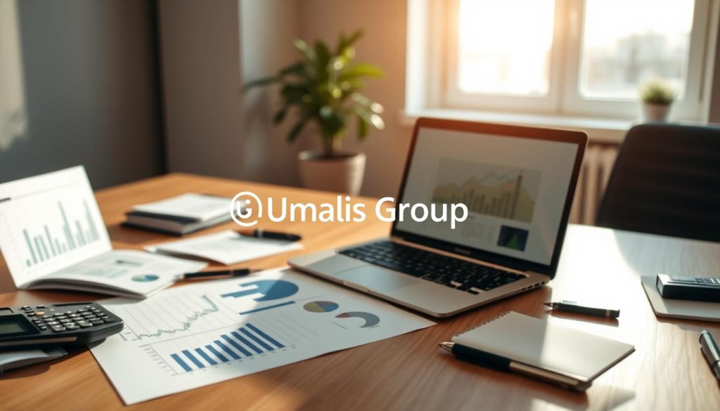 A professional workspace showcasing a well-organized business plan on a wooden desk. In the foreground, a laptop with graphs and charts displayed, surrounded by stationery like notepads, pens, and a calculator. In the middle ground, a potted plant adds a touch of greenery beside the desk. The background features a bright window with natural light streaming in, highlighting the ambiance of productivity and focus. Soft shadows create a warm atmosphere, enhancing the cozy yet professional mood. A logo for "Umalis Group" subtly integrated into the scene provides brand recognition. The scene conveys stability, preparation, and a clear pathway to success in freelance consulting. Ideal for illustrating financial planning and career guidance in a compelling way. A professional workspace showcasing a well-organized business plan on a wooden desk. In the foreground, a laptop with graphs and charts displayed, surrounded by stationery like notepads, pens, and a calculator. In the middle ground, a potted plant adds a touch of greenery beside the desk. The background features a bright window with natural light streaming in, highlighting the ambiance of productivity and focus. Soft shadows create a warm atmosphere, enhancing the cozy yet professional mood. A logo for "Umalis Group" subtly integrated into the scene provides brand recognition. The scene conveys stability, preparation, and a clear pathway to success in freelance consulting. Ideal for illustrating financial planning and career guidance in a compelling way.