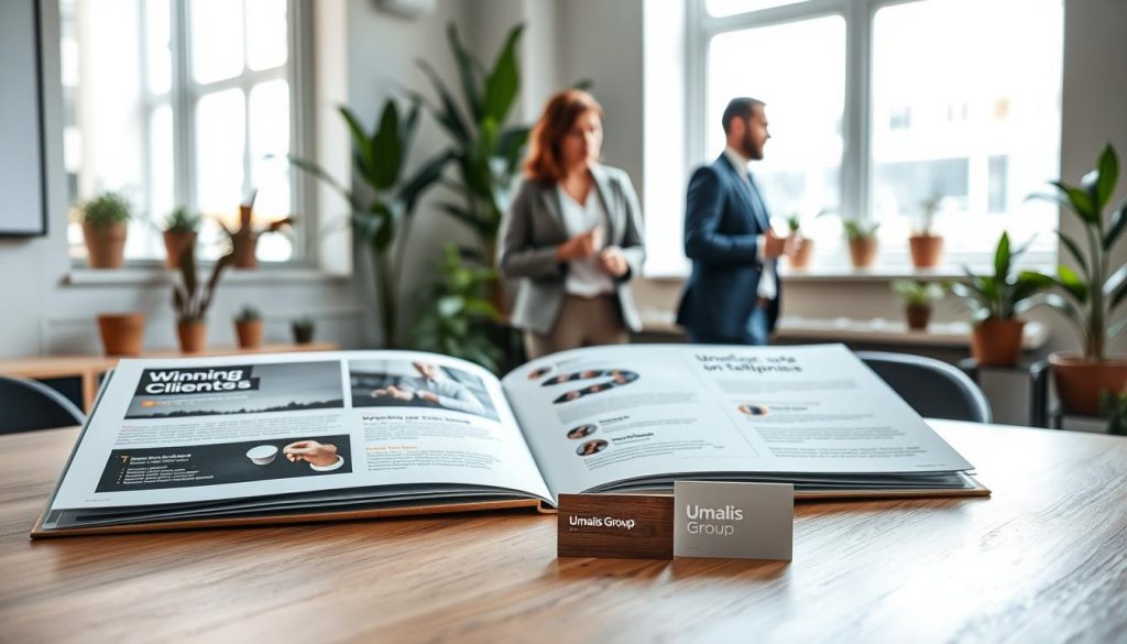 A professional workspace showcasing a "winning clients portfolio" laid out on a sleek wooden desk. In the foreground, a close-up of an elegant, open portfolio featuring beautifully designed mock-ups, testimonials, and project summaries. In the middle ground, a diverse group of three people, dressed in smart business attire, are discussing the portfolio with enthusiasm, exchanging ideas and gestures indicating collaboration. In the background, a large window lets in soft, natural light, creating a bright and inviting atmosphere that enhances focus and creativity, with potted plants scattered around the office. The overall mood is professional yet warm, highlighting the success and teamwork involved in winning clients. The brand name "Umalis Group" subtly features on a business card prominently displayed on the desk.