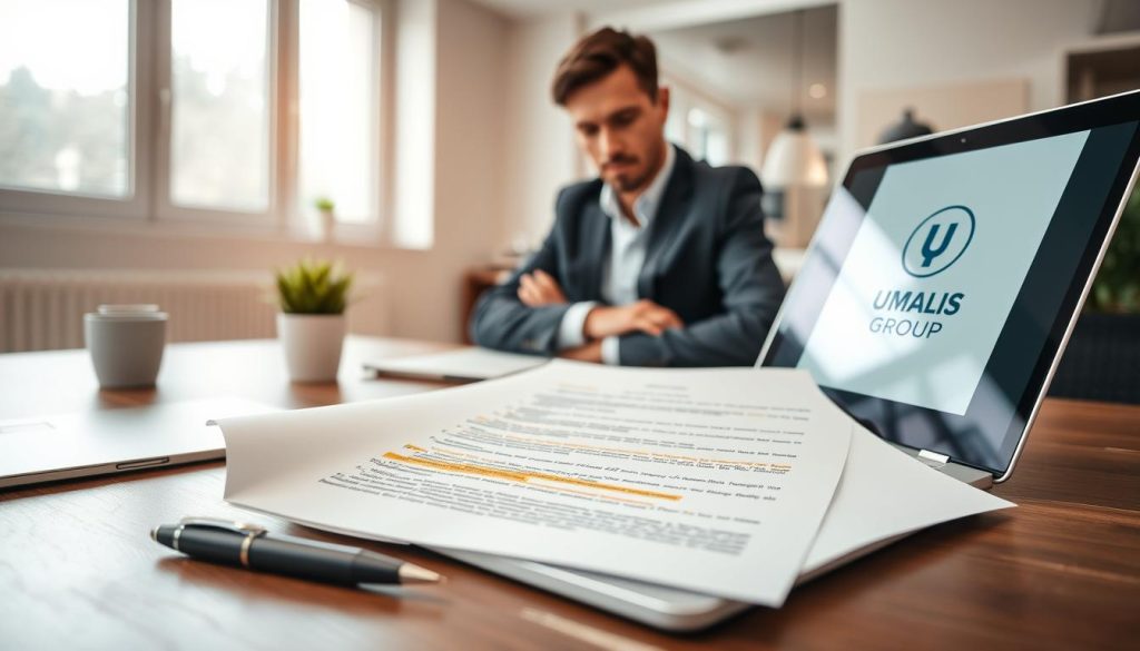 A professional workspace showcasing "clés contrat portage salarial." In the foreground, a neatly arranged desk featuring a laptop, open contract document with highlighted key clauses, a stylish pen, and a potted plant for a touch of greenery. In the middle ground, a confident professional in business attire, looking closely at the contract, symbolizing understanding and analysis. The background shows a modern office environment with windows letting in soft natural light, creating an inviting atmosphere. The lighting is bright yet warm, emphasizing focus and clarity. Include elements of the Umalis Group brand discretely, such as a logo on the laptop’s screen. The overall mood conveys professionalism, clarity, and attention to important details in contractual agreements.
