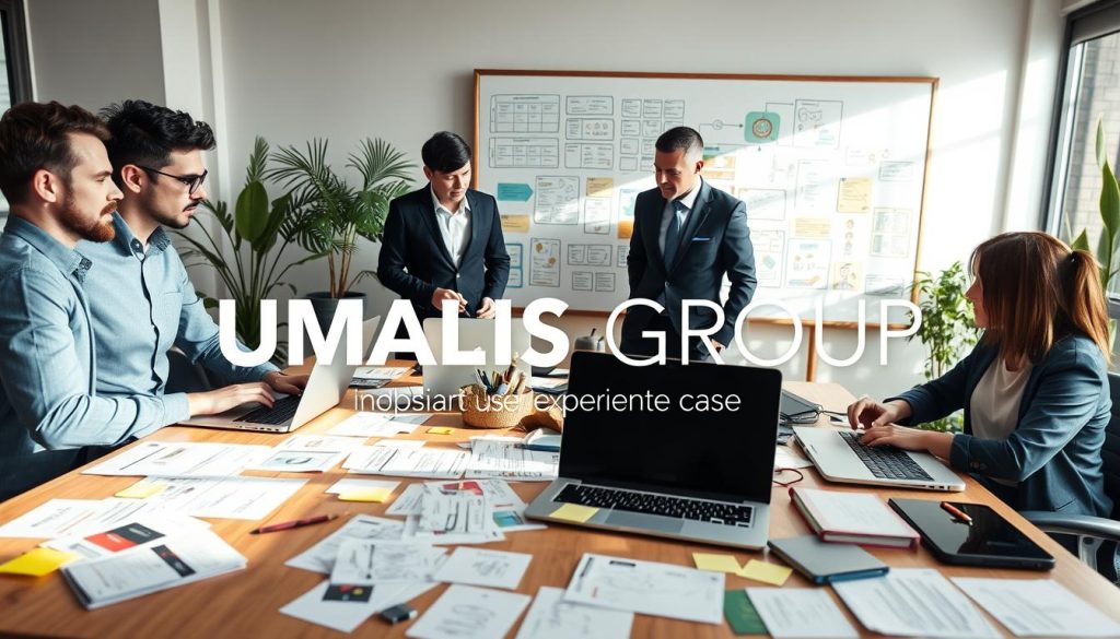 A professional workspace showcasing independent user experience (UX) case studies, prominently featuring the brand name "UMALIS GROUP". In the foreground, a diverse group of professionals—two men and a woman—are engaged in a brainstorming session, dressed in smart business attire. On the table, open laptops and visual research materials illustrate various inspiring UX examples, while sticky notes and sketches clutter the surface. The middle ground includes a large whiteboard filled with user journey maps and colorful diagrams. In the background, soft natural lighting streams through large windows, creating a warm and inviting atmosphere, with plants adding a touch of life. The overall mood should convey creativity, collaboration, and professionalism, inviting viewers to engage with the content.