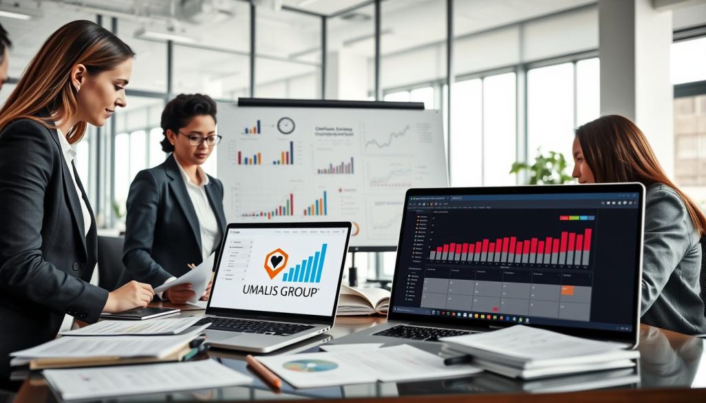A professional workspace showcasing "optimisation gestion outils" in a modern office environment. In the foreground, a diverse group of three professionals, a Caucasian woman, a Black man, and an Asian woman, wearing smart business attire, discuss over a table filled with financial documents, spreadsheets, and digital devices. In the middle ground, a large whiteboard displays colorful charts and graphs illustrating optimization strategies and financial metrics, while a sleek laptop shows a financial analysis software interface. The background features a bright office with large windows allowing natural light to flood in, creating an airy atmosphere. The scene conveys collaboration and innovation, reflecting the theme of efficient financial management. The logo of "UMALIS GROUP" is subtly integrated into the design on the laptop screen. A professional workspace showcasing "optimisation gestion outils" in a modern office environment. In the foreground, a diverse group of three professionals, a Caucasian woman, a Black man, and an Asian woman, wearing smart business attire, discuss over a table filled with financial documents, spreadsheets, and digital devices. In the middle ground, a large whiteboard displays colorful charts and graphs illustrating optimization strategies and financial metrics, while a sleek laptop shows a financial analysis software interface. The background features a bright office with large windows allowing natural light to flood in, creating an airy atmosphere. The scene conveys collaboration and innovation, reflecting the theme of efficient financial management. The logo of "UMALIS GROUP" is subtly integrated into the design on the laptop screen.