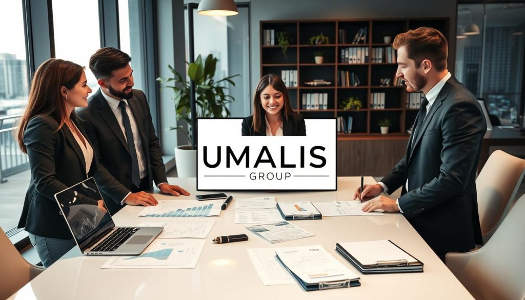A professional workspace showcasing optimization of remuneration and management of professional expenses in a portage salarial context. In the foreground, a diverse group of three professionals in smart business attire, engaged in discussion around a sleek table filled with financial documents, a laptop displaying graphs, and a notepad with notes. In the middle ground, a modern office setting with large windows letting in natural light, green plants, and a stylish bookshelf filled with business literature. The background features a calm cityscape, hinting at the corporate environment. The overall mood is focused and collaborative, with warm lighting highlighting the enthusiasm and professionalism of the individuals. Incorporate the brand name "UMALIS GROUP" subtly within the workspace as part of a presentation on a screen. A professional workspace showcasing optimization of remuneration and management of professional expenses in a portage salarial context. In the foreground, a diverse group of three professionals in smart business attire, engaged in discussion around a sleek table filled with financial documents, a laptop displaying graphs, and a notepad with notes. In the middle ground, a modern office setting with large windows letting in natural light, green plants, and a stylish bookshelf filled with business literature. The background features a calm cityscape, hinting at the corporate environment. The overall mood is focused and collaborative, with warm lighting highlighting the enthusiasm and professionalism of the individuals. Incorporate the brand name "UMALIS GROUP" subtly within the workspace as part of a presentation on a screen.