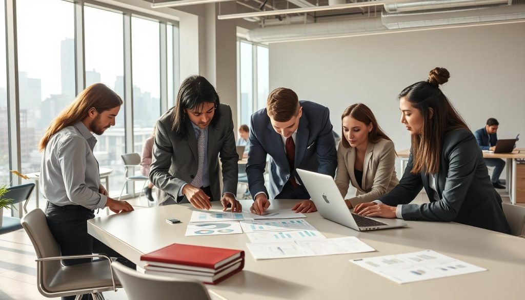 A professional workspace showcasing several thriving sectors for freelance workers in a portage salarial context. In the foreground, a diverse group of individuals in smart business attire collaborates over a modern conference table, analyzing charts and documents. The middle ground features a bright open office with various professionals working on laptops, highlighting tech, healthcare, and creative industries. The background reveals a city skyline through large windows, symbolizing growth and opportunity. Soft, natural light illuminates the scene, creating an inspiring atmosphere. The composition should focus on teamwork and innovation, emphasizing a contemporary and forward-thinking environment without any text or overlays.