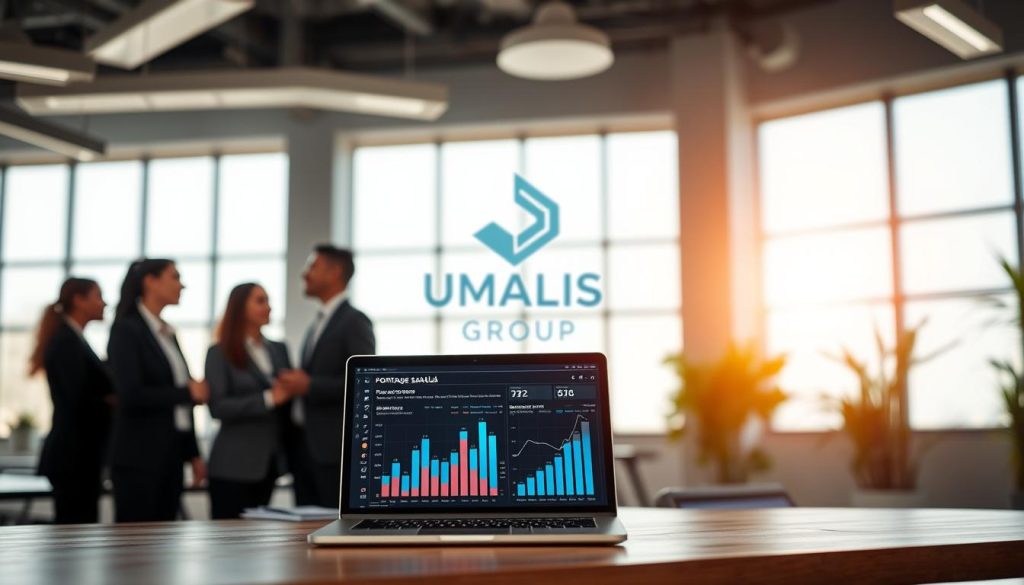 A professional workspace showcasing the advantages of "portage salarial". In the foreground, a diverse group of three professionals in business attire engaged in a discussion, symbolizing collaboration and security in freelance work. The middle ground features a modern laptop displaying graphs and charts representing financial benefits and optimized activities. In the background, a bright and airy office setting with large windows, allowing natural light to flood the space, creating an inspiring atmosphere. Soft focus on an abstract logo of "UMALIS GROUP" subtly incorporated into the decor. The lighting is warm, conveying a sense of hope and motivation. The overall mood is positive and professional, emphasizing growth and trust in managing freelance careers.