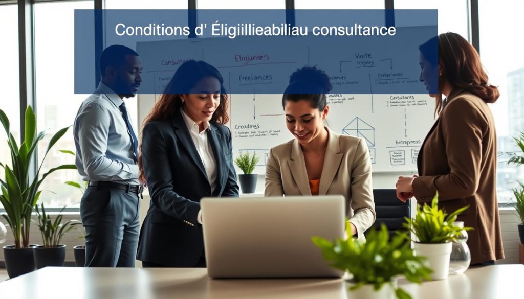 A professional workspace showcasing the concept of "Conditions d'Éligibilité au Portage Salarial." In the foreground, a diverse group of individuals dressed in smart business attire, engaged in a collaborative discussion over a laptop. In the middle ground, a modern office setting with a large window overlooking a cityscape, filled with plants and a stylish conference table. The background features a whiteboard with graphs and flowcharts illustrating eligibility criteria, such as “freelancers,” “consultants,” and “entrepreneurs.” Soft, natural lighting filters in, creating a warm yet professional atmosphere. The lens captures the scene at a wide angle, emphasizing teamwork and the potential benefits of professional consultancy. Include the brand name "UMALIS GROUP" subtly incorporated in the office environment.