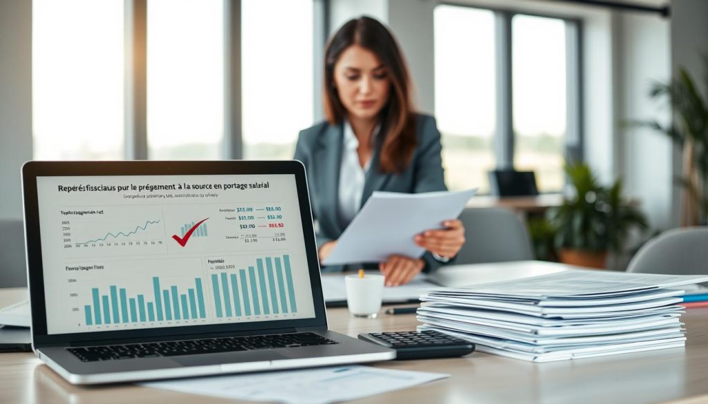 A professional workspace showcasing the concept of "Repères fiscaux pour le prélèvement à la source en portage salarial." In the foreground, a laptop displays financial graphs and calculations related to salary net, symbolizing clarity and transparency. Nearby, a stack of organized documents and a calculator represent detailed analysis. In the middle, an elegant businessperson dressed in smart casual attire examines the documents, exuding confidence and a sense of professionalism. The background features a modern office setting with soft lighting that creates an inviting atmosphere, accentuated by large windows letting in natural light. The brand name "UMALIS GROUP" subtly positioned on the laptop screen. Overall, the image conveys a mood of understanding and empowerment regarding financial literacy in portage salarial.