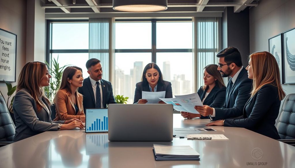 A professional workspace showcasing the concept of management fees and social contributions in a consulting setting. In the foreground, a diverse group of business professionals, dressed in smart business attire, engage in a focused discussion around a sleek conference table. They are reviewing financial documents and charts related to fees, with a laptop open displaying graphs. In the middle ground, a large window reveals a bright cityscape, symbolizing opportunity and growth. The background features a modern office environment with plants and motivational artwork on the walls. The lighting is warm and inviting, enhancing a collaborative atmosphere. Include a subtle logo of "UMALIS GROUP" on a notepad on the table. The mood is professional and empowering, conveying confidence in salary negotiation and financial management. A professional workspace showcasing the concept of management fees and social contributions in a consulting setting. In the foreground, a diverse group of business professionals, dressed in smart business attire, engage in a focused discussion around a sleek conference table. They are reviewing financial documents and charts related to fees, with a laptop open displaying graphs. In the middle ground, a large window reveals a bright cityscape, symbolizing opportunity and growth. The background features a modern office environment with plants and motivational artwork on the walls. The lighting is warm and inviting, enhancing a collaborative atmosphere. Include a subtle logo of "UMALIS GROUP" on a notepad on the table. The mood is professional and empowering, conveying confidence in salary negotiation and financial management.